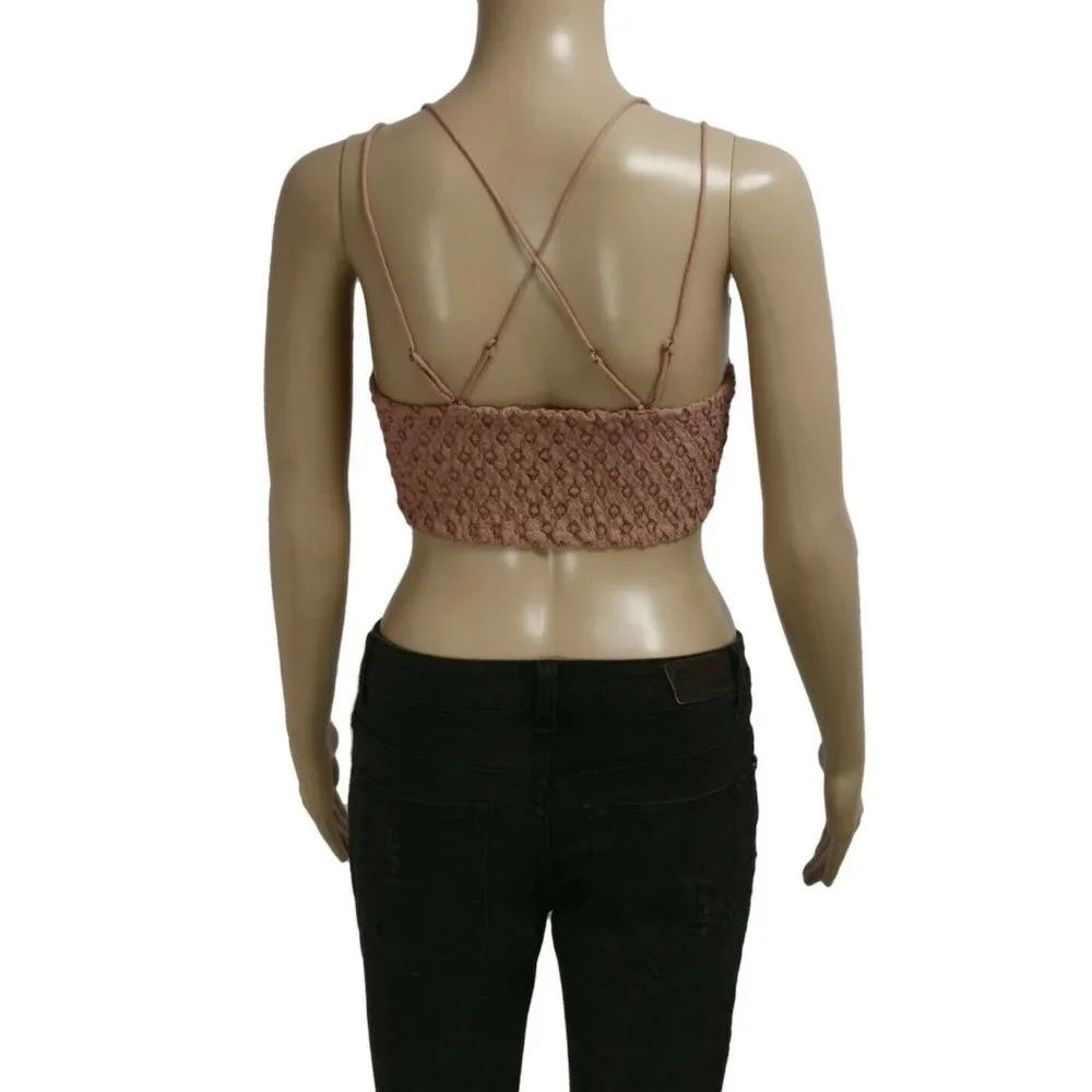 Free People Fp One Adella Bralette Lace Criss Cross Smocked Rose Bra Top L